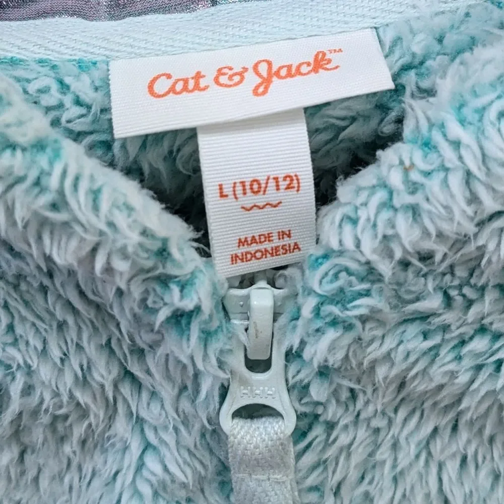 Teal Seafoam Green Cat & Jack Fluffy Zip Up Unicorn Sweater Large 10/12 Winter